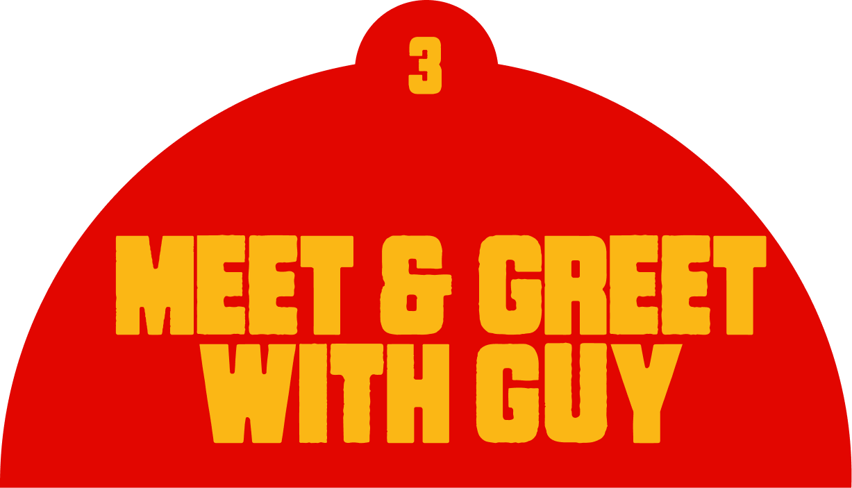 Red circle resembling a property or house sign with the text 'Meet & Greet with Guy' in bold yellow letters and a small number 3 at the top.