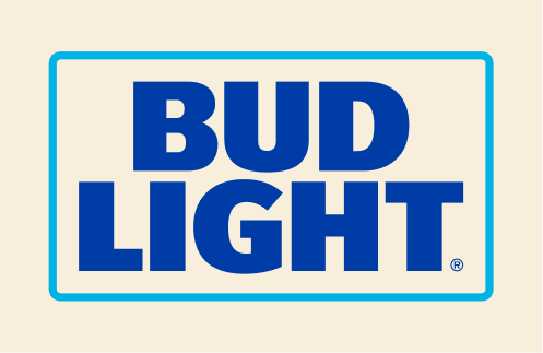 Bud Light logo with blue text inside a rectangular border against a cream background.