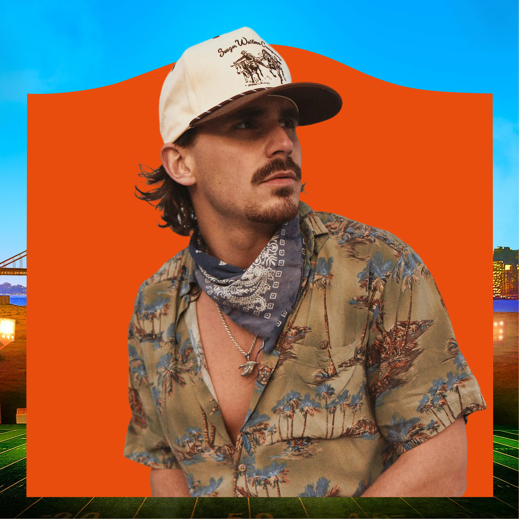 A man with dark hair styled upwards, wearing large red sunglasses, a diamond earring, and a gold chain, against a dark background with red lighting.