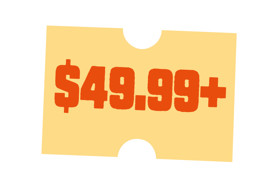 A yellow price tag showing a price of $49.99+ in large red font.
