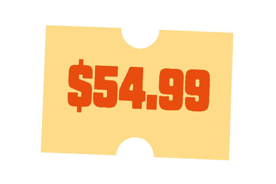 A yellow price tag showing a price of $49.99+ in large red font.