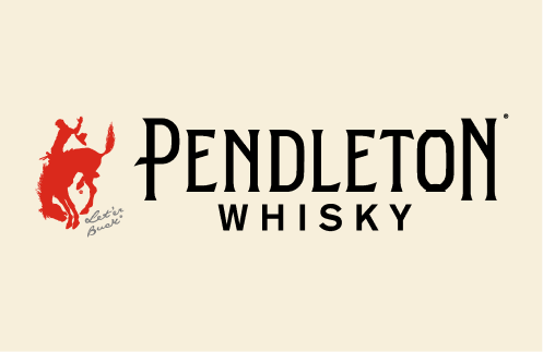 PENDLETON WHISKEY logo with a red figure riding a bucking horse on a beige background.