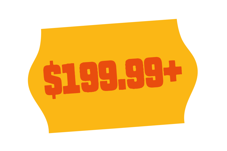 Yellow irregular shape with red text displaying a price of over 199.99 dollars.