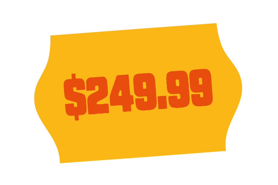 Yellow irregular shape with red text displaying a price of over 199.99 dollars.