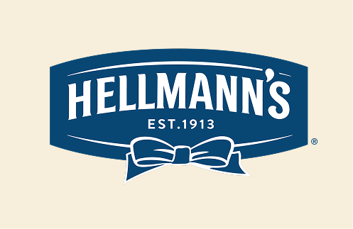 Hellmann's logo with blue background and white text and bow, established 1913.