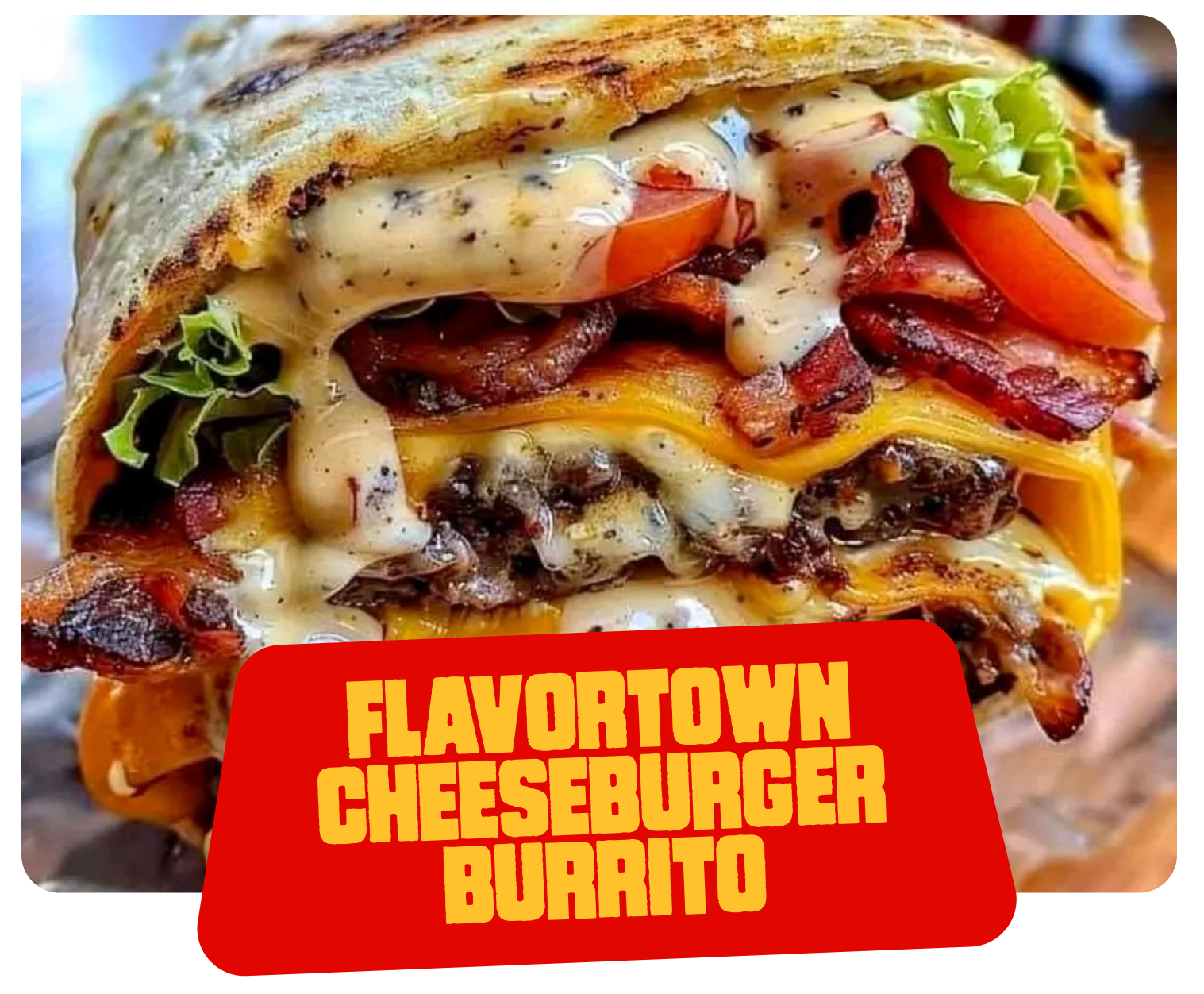 A close-up of a cheeseburger burrito with melted cheese, crispy bacon, fresh vegetables, and creamy sauce, wrapped in a grilled burrito tortilla.
