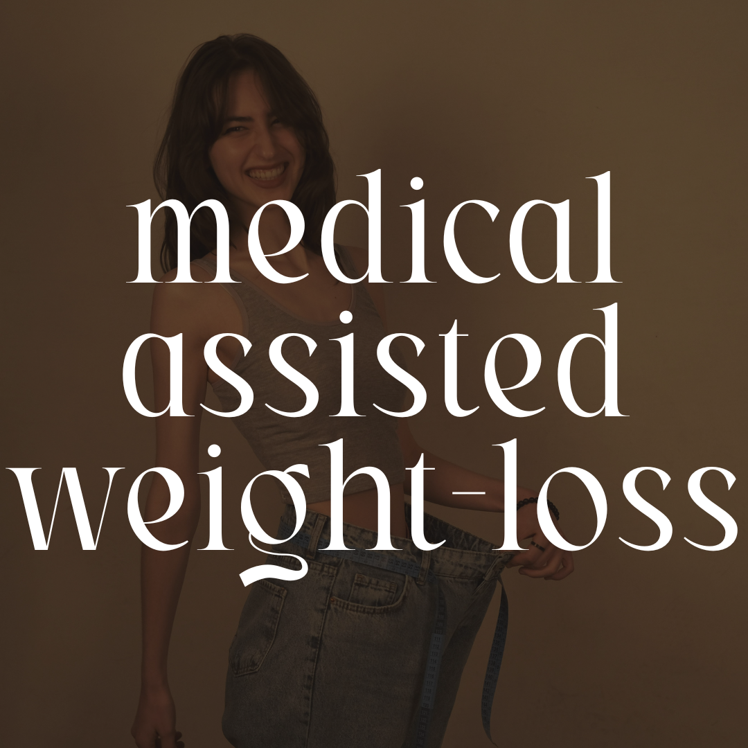 Woman smiling, holding a measuring tape around her waist, wearing a tank top and jeans, with large text overlay saying 'medical assisted weight-loss'