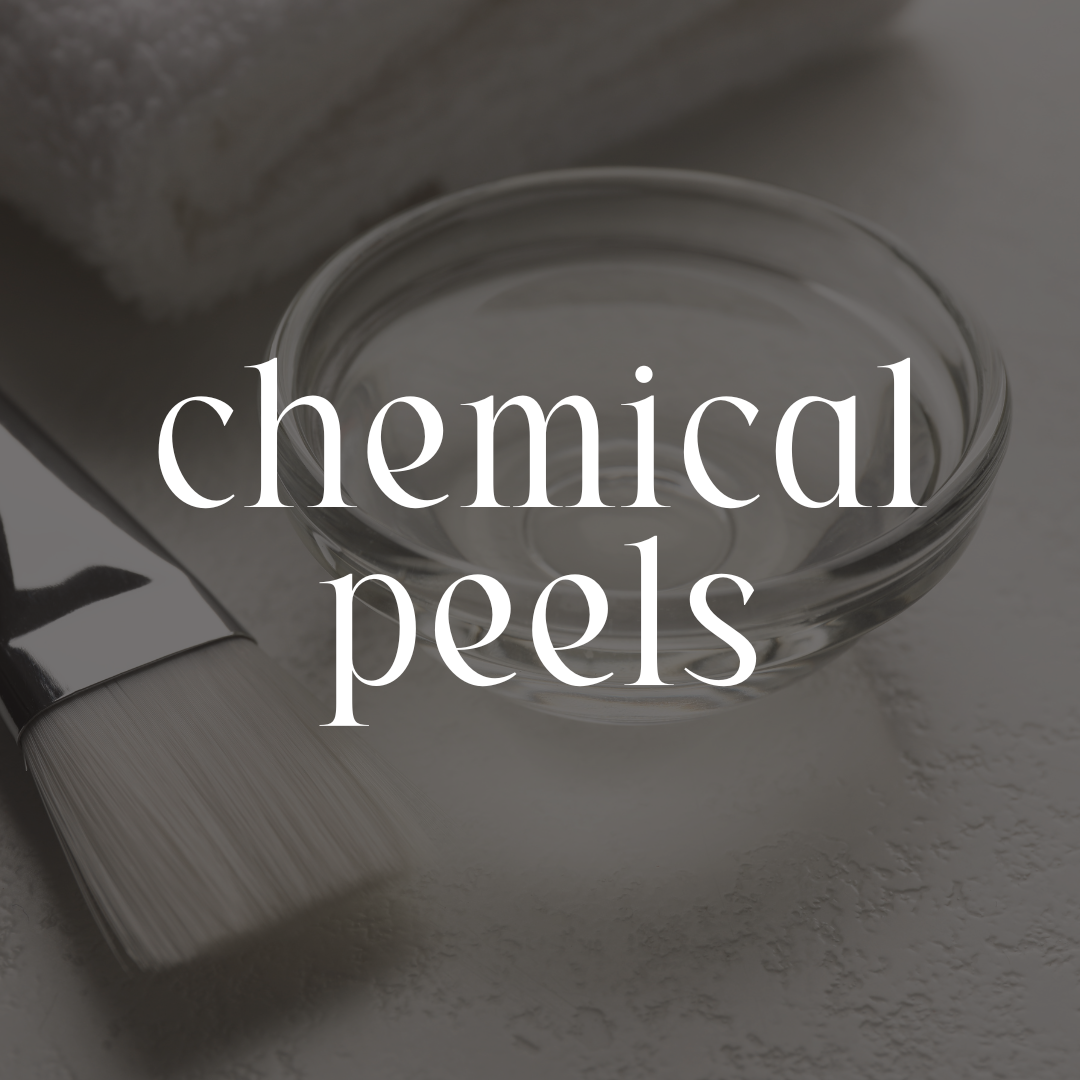 A makeup brush, a glass bowl, and a towel on a light surface with the text "chemical peels" overlayed.