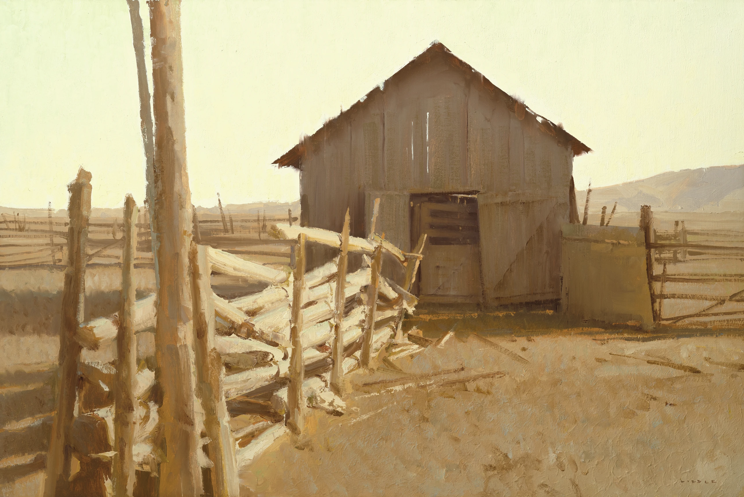 Painting of a rustic barn and wooden fence in a rural landscape with dry, sunlit surroundings.