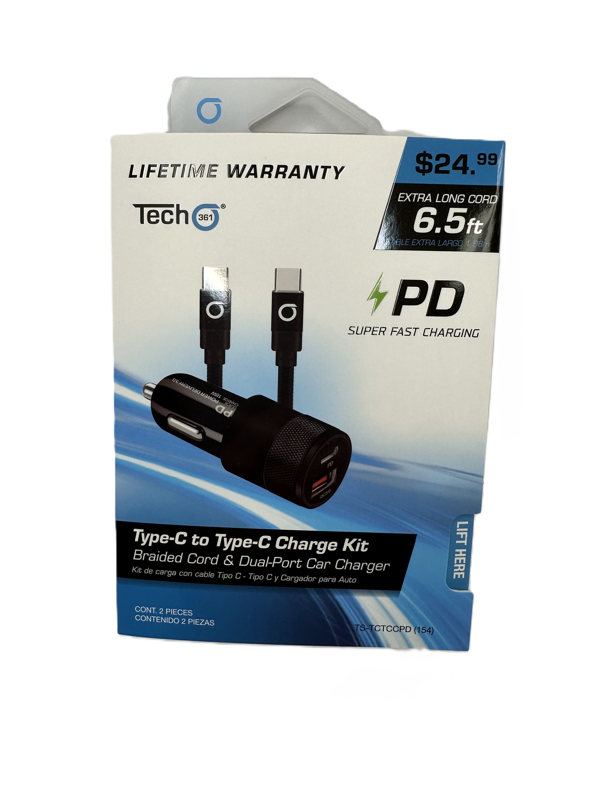 Tech361 2-Piece Type C to Type C 6.5ft Braided Cord with Dual Port Car Charger