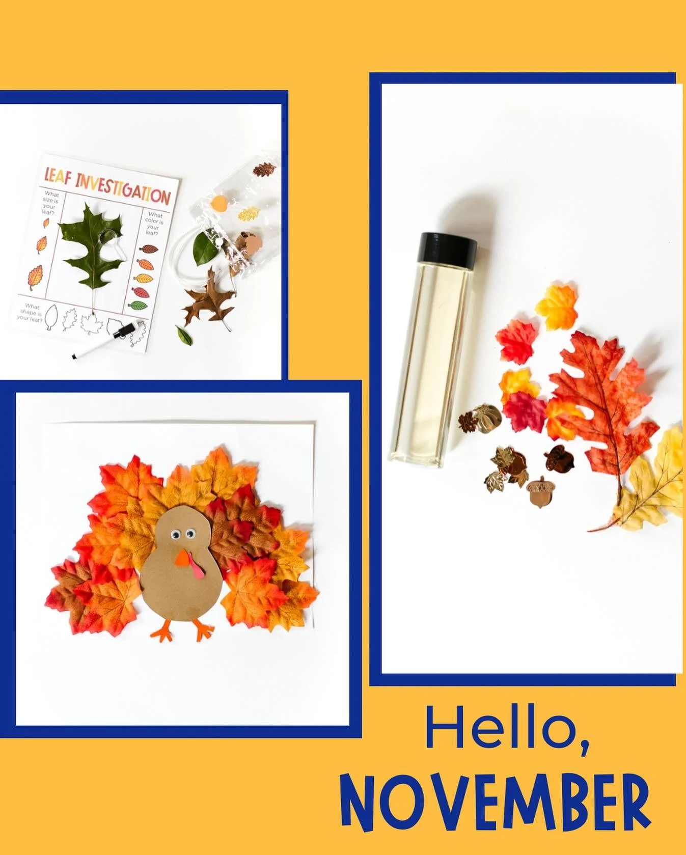 Hello, November!

This month&rsquo;s leaf-themed kit is full of cozy fall fun. Create a leafy sensory bottle, explore colors + textures with a leaf investigation, and make your own turkey leaf craft to celebrate the season.

At home, we&rsquo;re exci