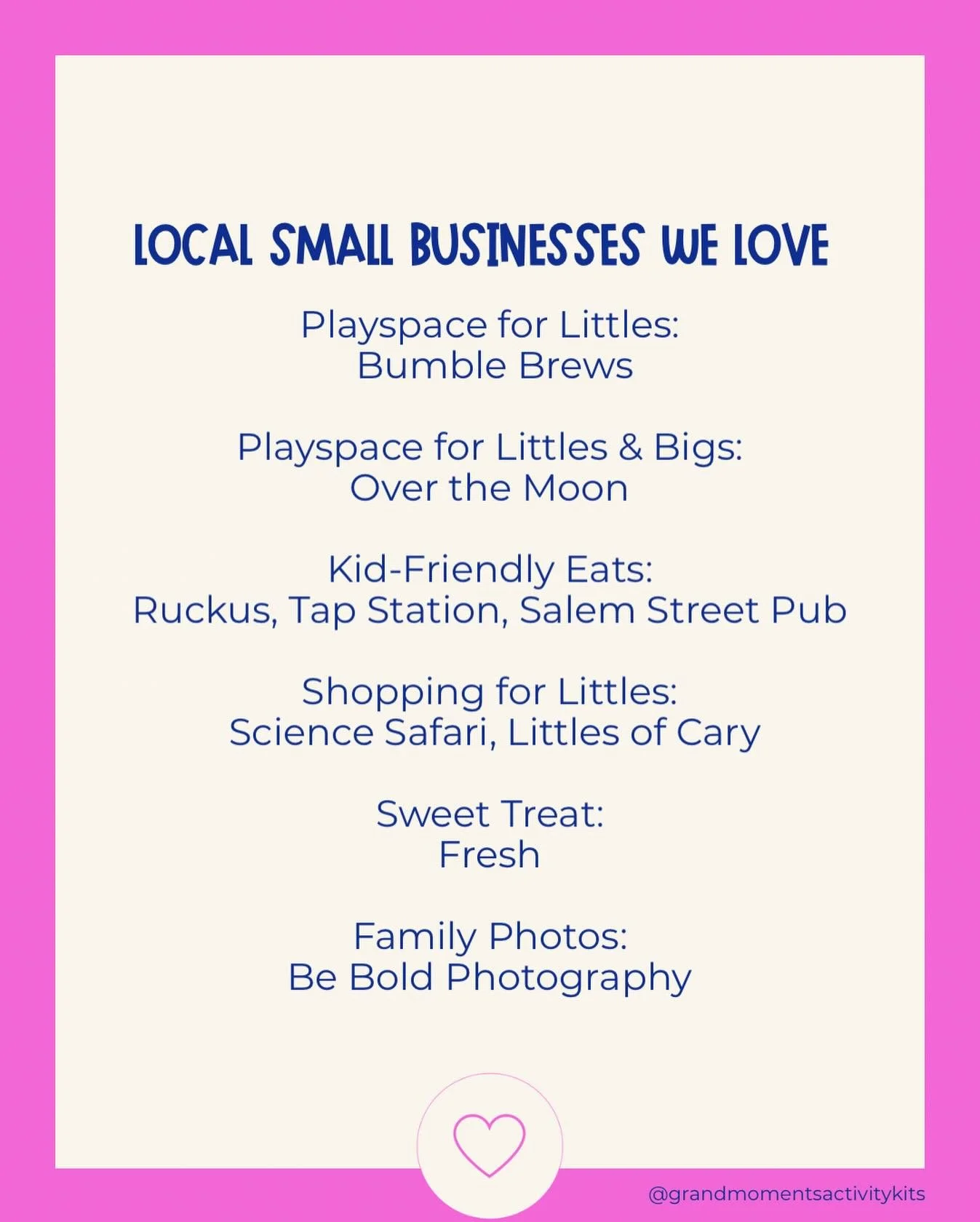Celebrating the locals we love this Small Business Saturday! 🤍

Here are a few of our favorite spots for play, treats, and family fun around Apex + Cary:

&bull; Playspace for Littles &mdash; @bumblebrews 
&bull; Playspace for Littles &amp; Bigs &md