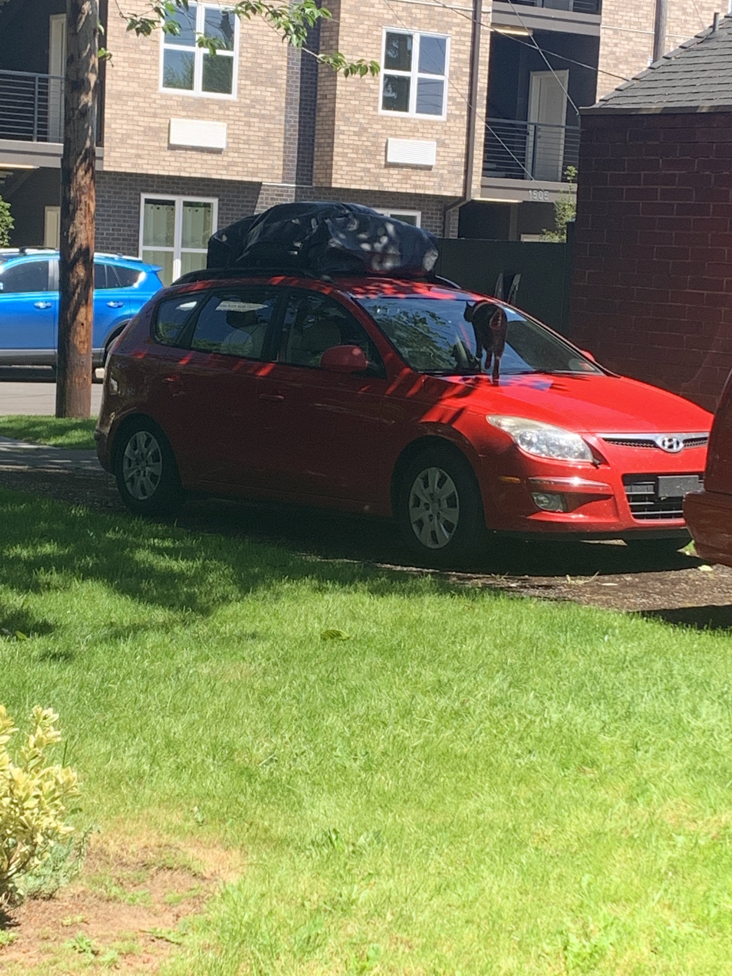 My red Hyundai wagon with the "burrito' on top