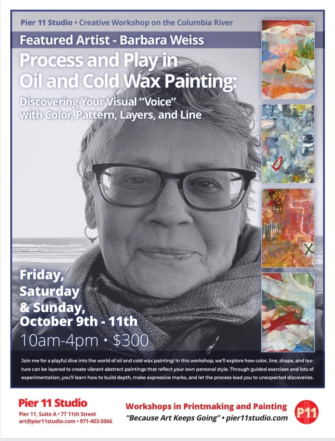 .
📆SAVE THE DATE AND A SPOT!
Process and Play in Oil and Cold Wax Painting: Discovering Your Visual &ldquo;Voice&rdquo; with Color, Pattern, Layers, and Line with artist Barbara Weiss

⏰October 9-11
10-4pm
$300
Details at the link in our bio or here
