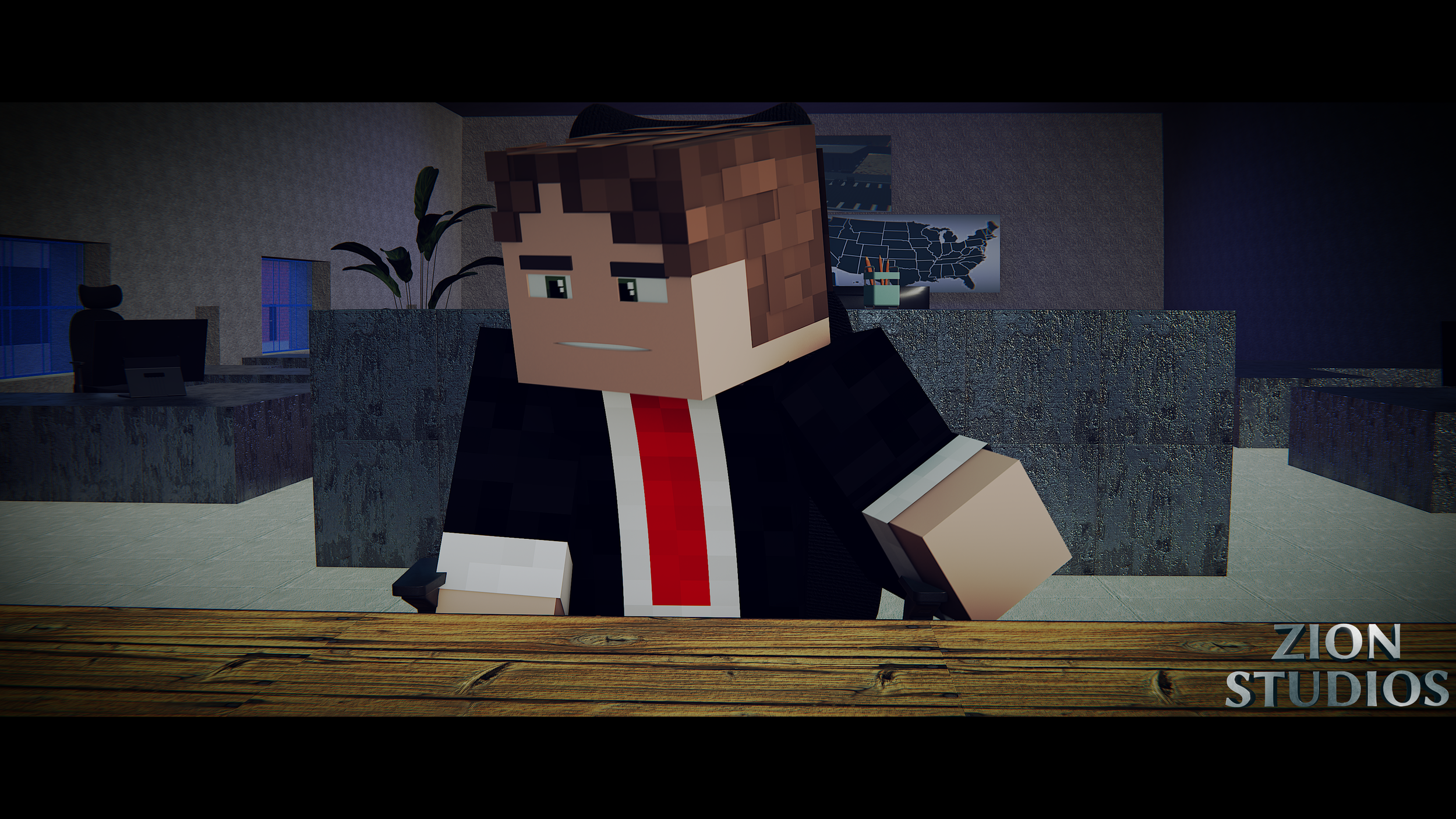 Minecraft-style animated character with brown hair and a suit sitting at a wooden desk in a modern office with dark walls, a plant, and a map of the United States in the background. Zion Studios logo in the corner.