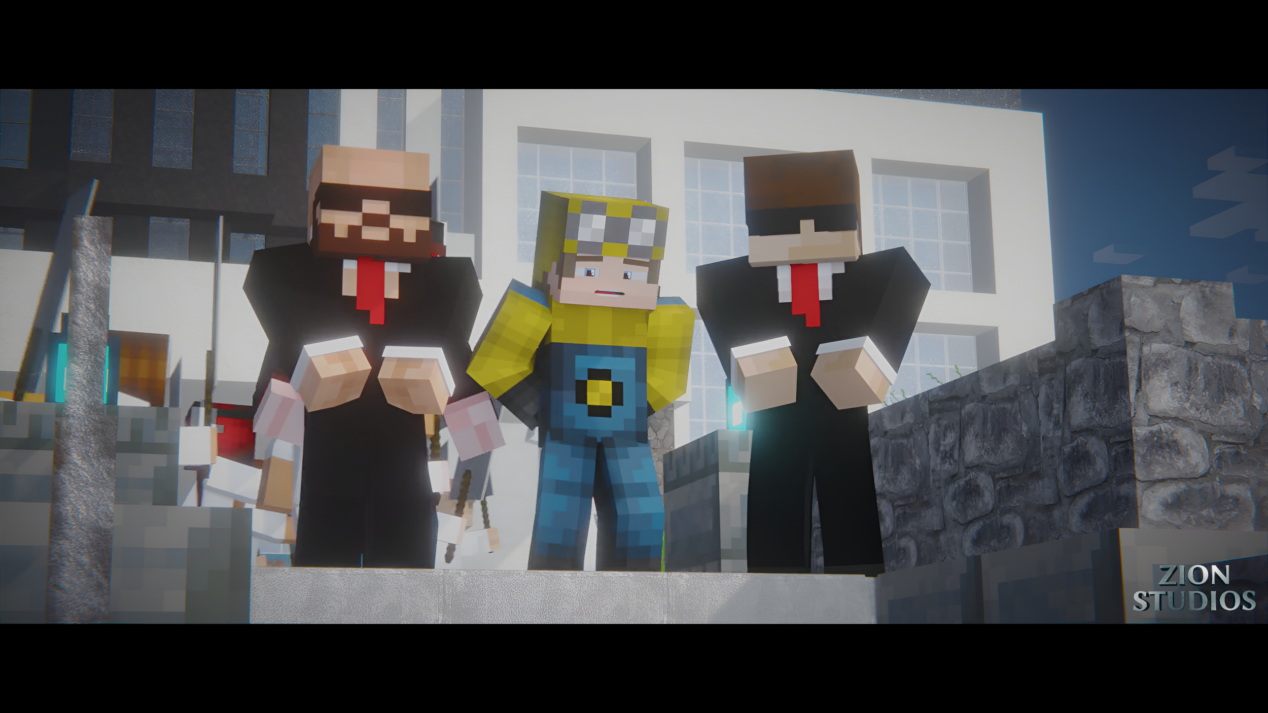 Minecraft-style characters in suits with red ties, standing in front of a modern building, during daytime. One character in the middle appears nervous or worried. The scene has a blocky, pixelated aesthetic.