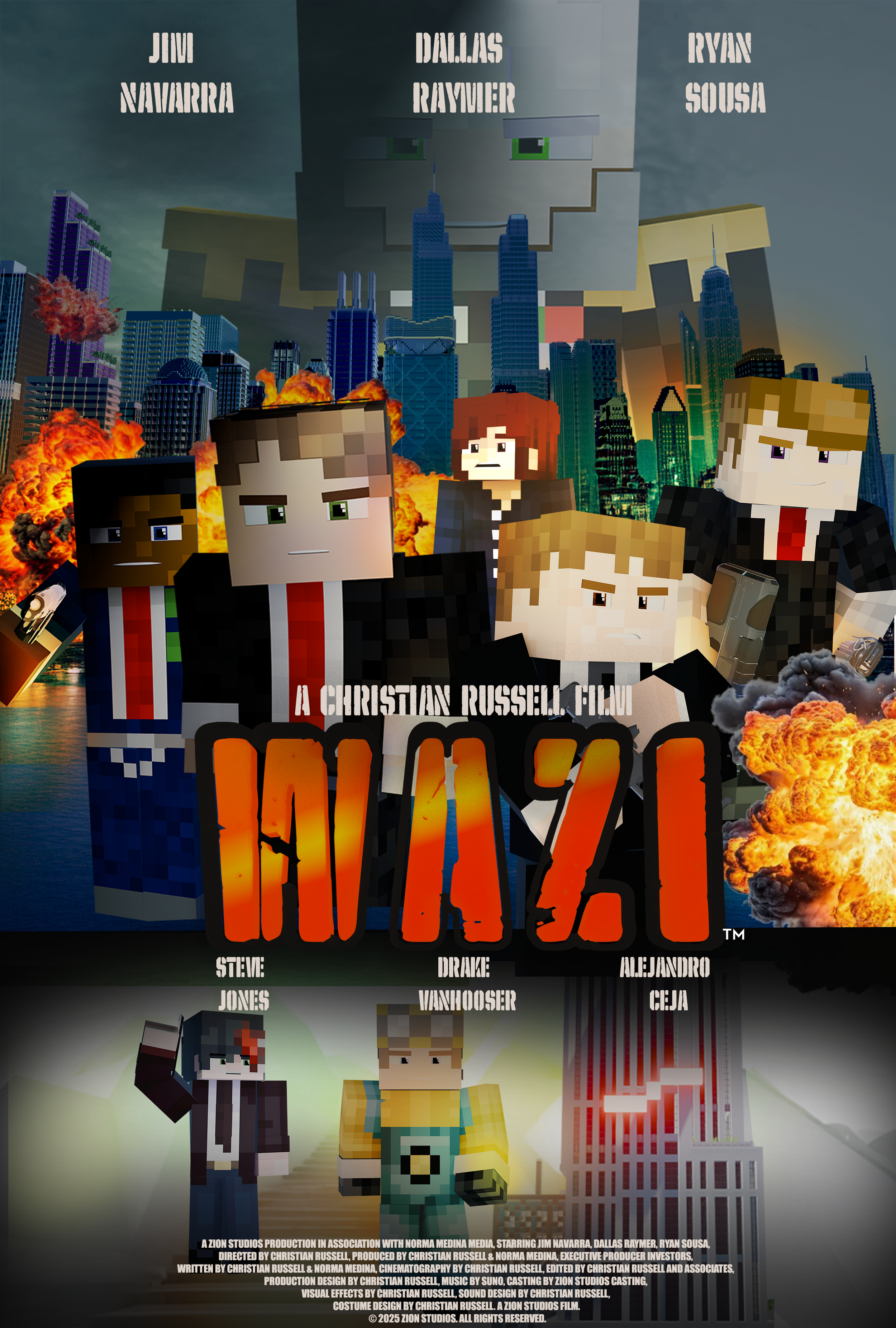 Promotional poster for an animated film titled "Mazi," featuring blocky, Minecraft-style characters with backgrounds of burning buildings and explosions. The poster includes character names like Jim Navarra, Dallas Raymer, and Ryan Sousa. The text "A Christian Russell Film" is prominently displayed, with additional names - Steve Jones, Drake Vanhooser, and Alejandro Ceja - at the bottom. Set in a city landscape with flames, the imagery highlights action and drama.