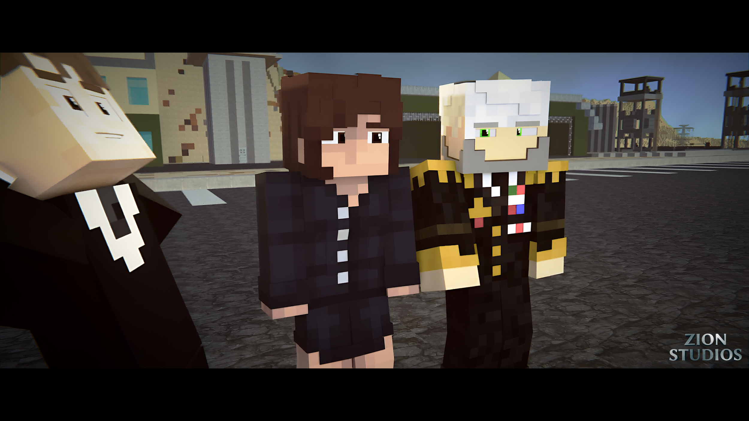 Minecraft-style scene featuring three characters standing on a road with a cityscape background, one dressed in military attire, one in a digital black jacket, and one in a black suit with a collar.