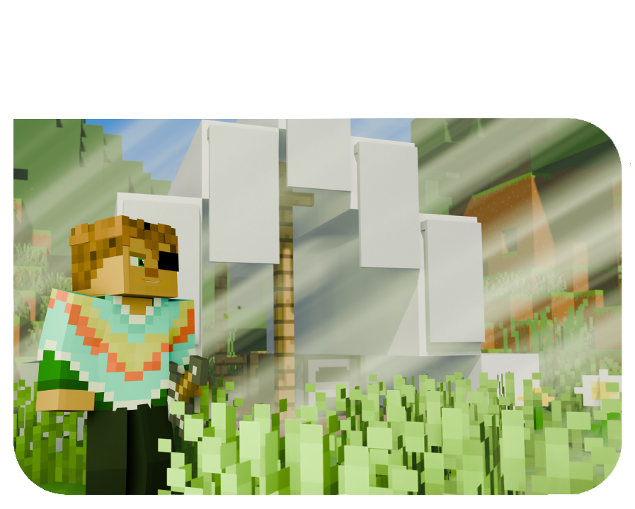 Minecraft character wearing a colorful sweater standing near a pixelated sheep in a grassy landscape with a blocky building in the background.