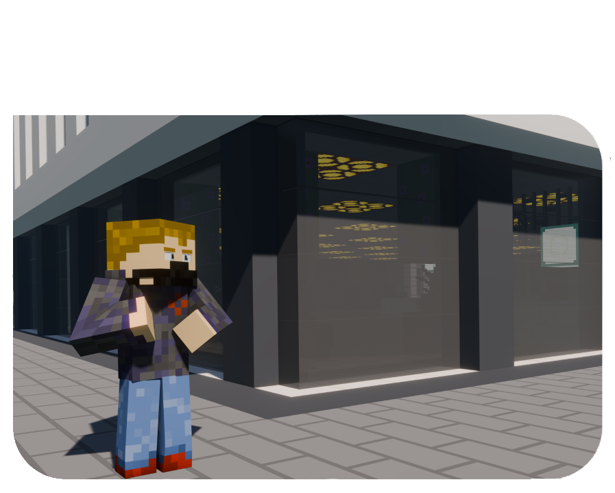 Minecraft-style character outside a building with large windows.