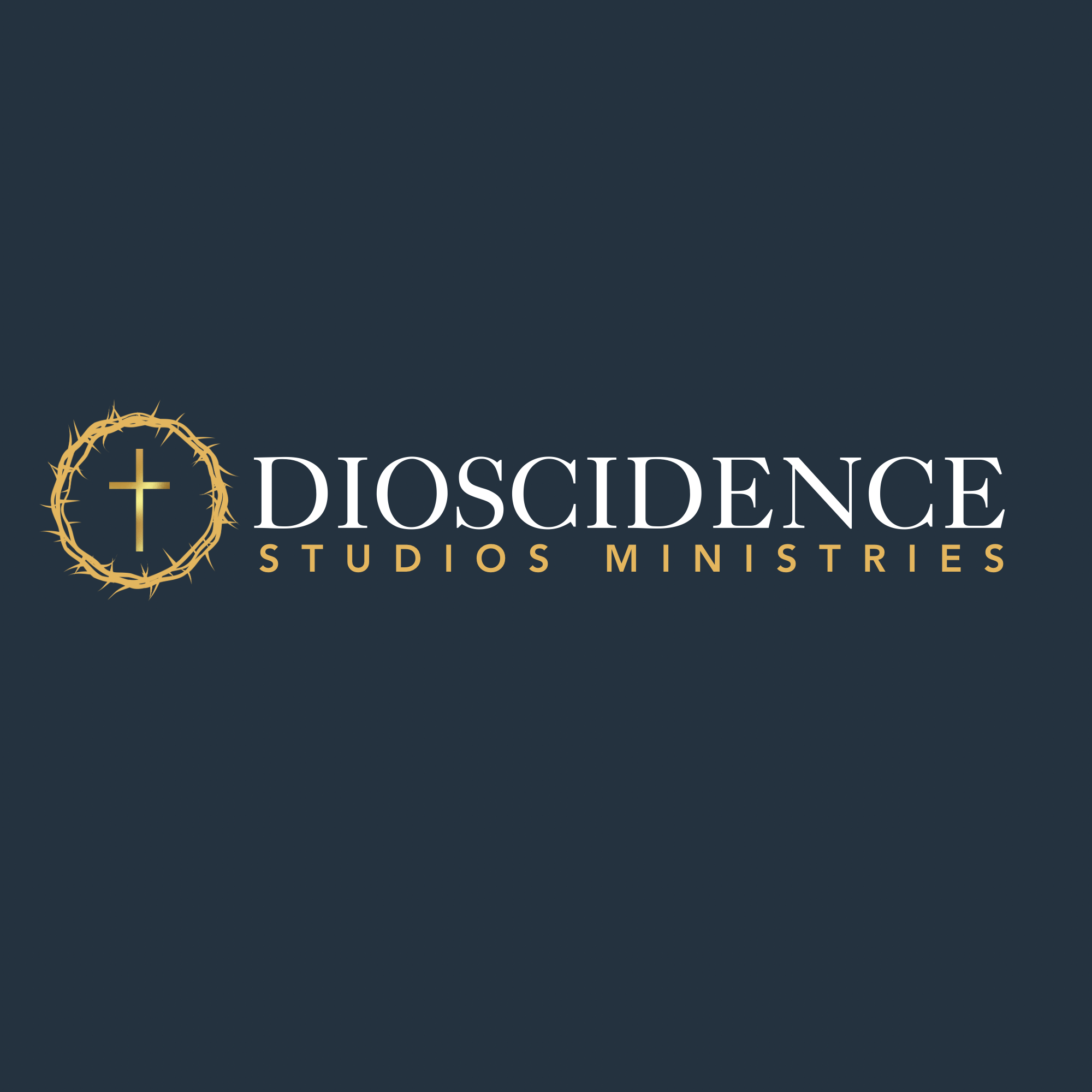 Logo for Dioscidance Studios Ministries with a cross inside a crown of thorns surrounding it on a dark background.