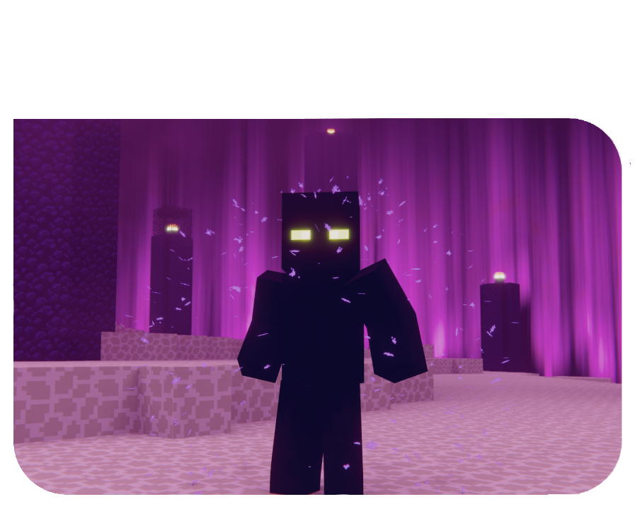 Minecraft Enderman in the End dimension with obsidian pillars and purple background.