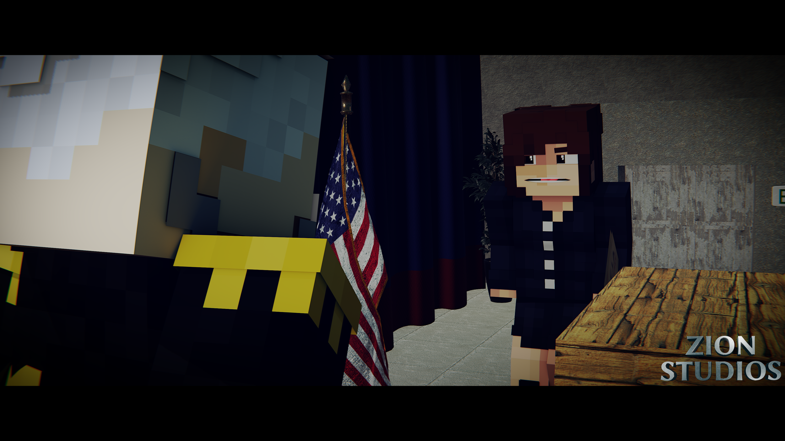 A pixelated animated scene showing a woman in a black blazer and gray skirt standing behind a wooden table with the words 'Zion Studios'. To her left is an American flag and a dark blue curtain in the background.