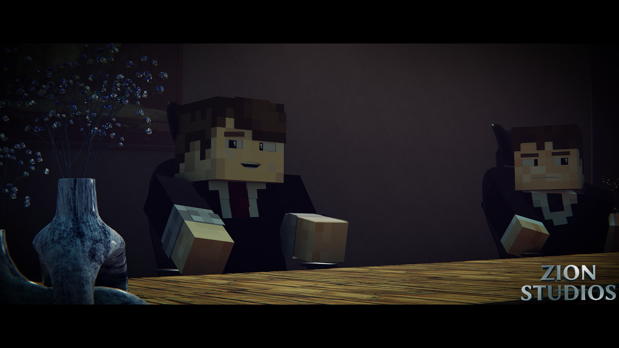 Pixelated characters with blocky faces sitting at a table in a dimly lit room with a large vase and decorative branches on the table, with the text 'ZION STUDIOS' in the bottom right corner.