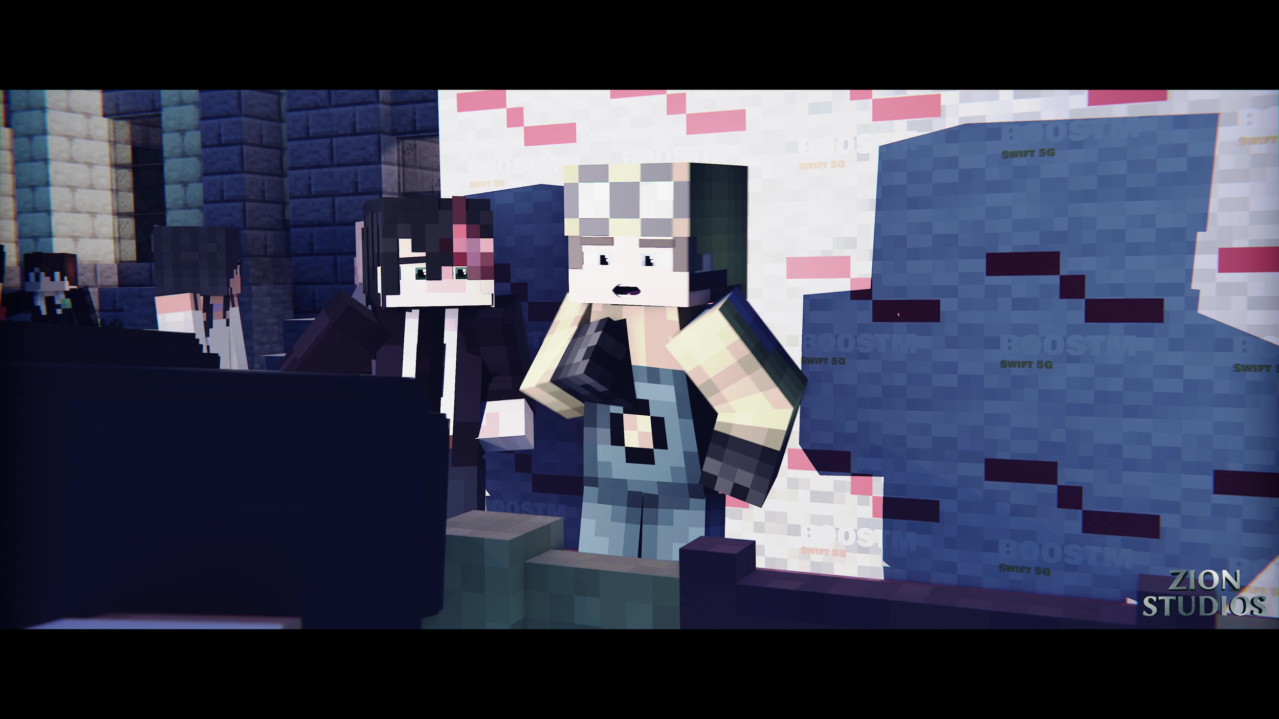 Minecraft characters at an event, with two characters in the foreground, one appearing surprised and the other talking, and a pixelated backdrop with 'SWIFT 5G' text.