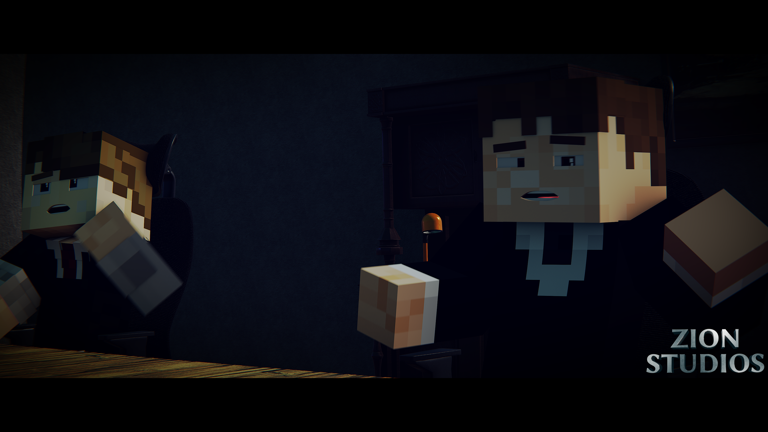 Pixelated animated characters sitting at a table in a dark room, one with a worried expression, and the other in a black and white outfit, with a logo reading "Zion Studios" in the bottom right corner.
