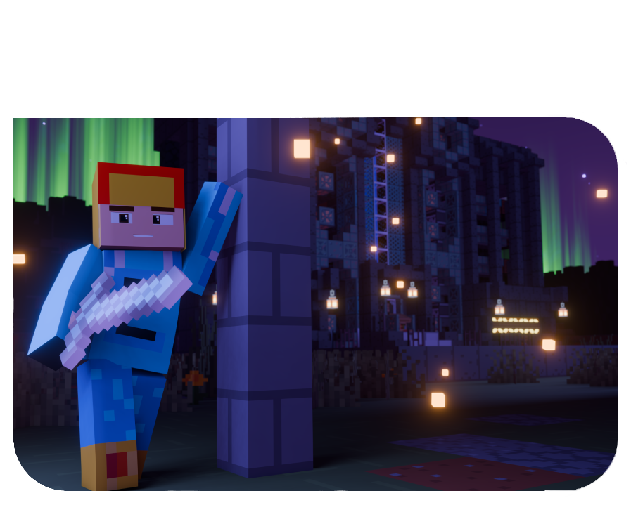 A blocky character in a blue outfit holds a pixelated sword in a nighttime Minecraft-like scene. The character stands near a pillar, with a large, illuminated structure and glowing blocks in the background.