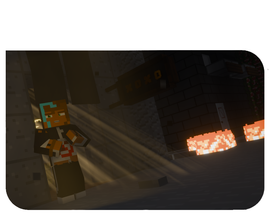 A pixelated character from a video game, resembling Minecraft, stands in front of a building with glowing blocks. The character has brown skin, wears a black and red outfit, and seems to look at something in the distance. Sunlight creates a dramatic effect as it streams through an opening.