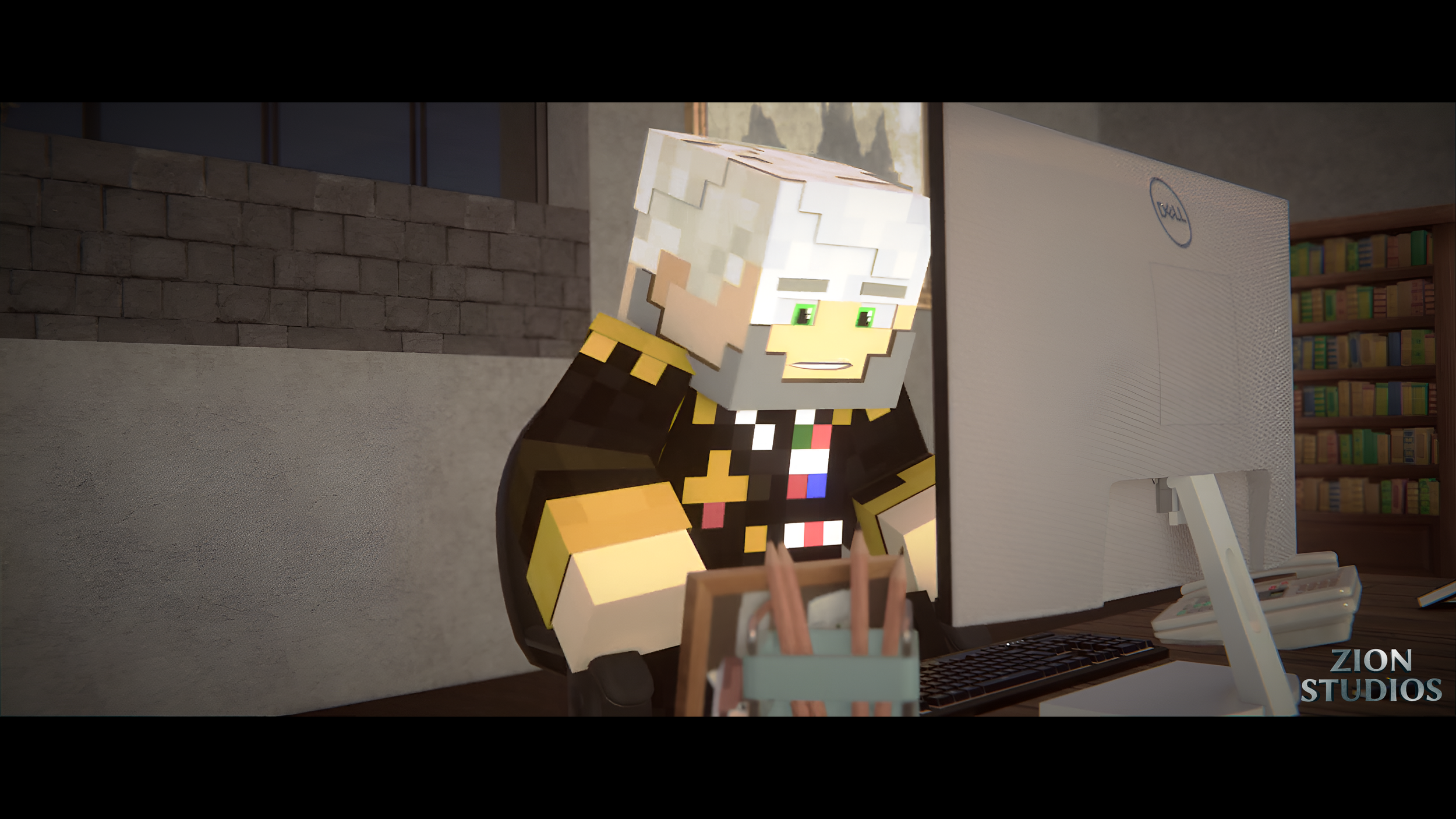 A blocky, pixelated Minecraft character with white hair and glasses sitting at a desk in front of a computer, in an office setting with bookshelves in the background.