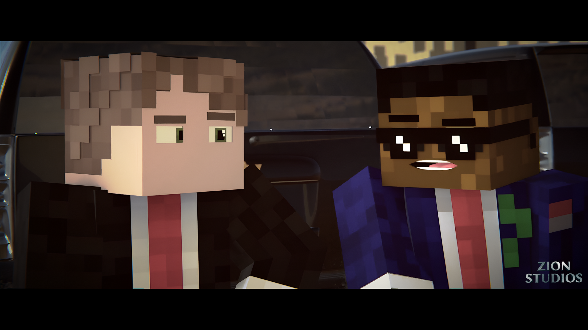 Two characters from Minecraft, a pixelated style, sitting in a vehicle, engaging in conversation. One has light brown hair and the other has black hair, glasses, and a blue jacket. The scene appears to be set in an urban environment.