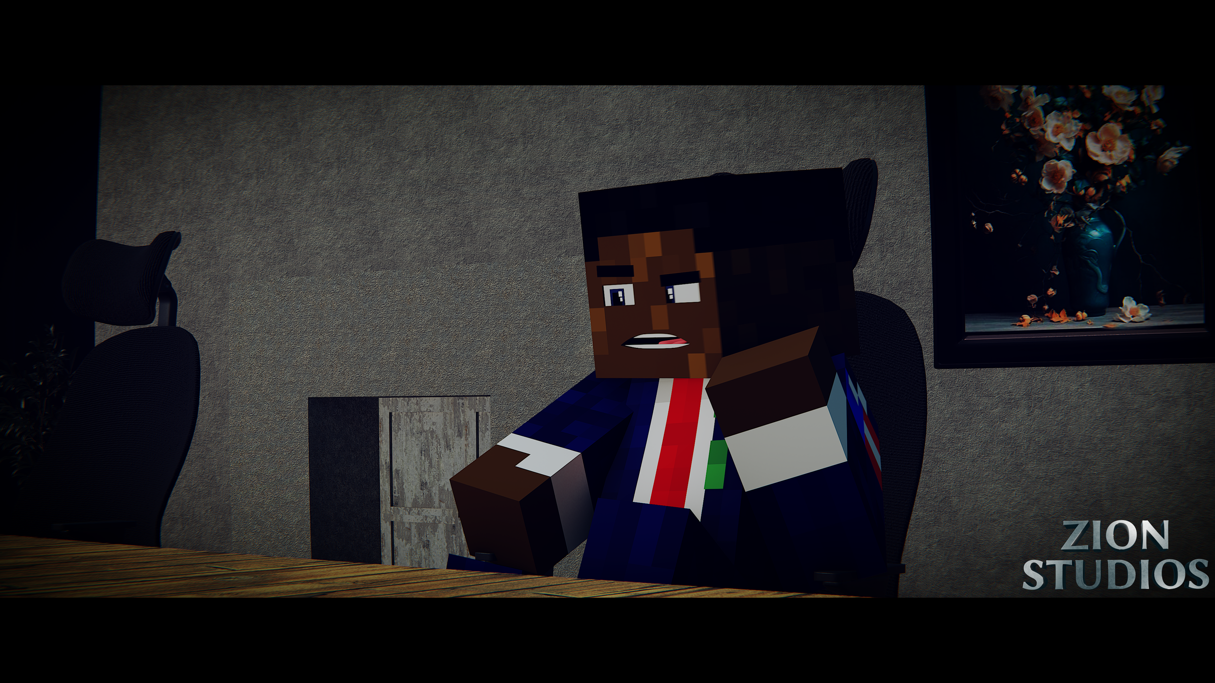 Minecraft character with dark skin in a suit, sitting at a conference table in an office, with a plant and framed picture of flowers on the wall.