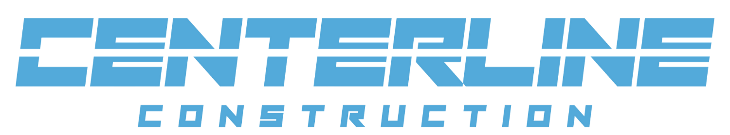 Graphic logo of Centerline Construction in blue and black stylized font.