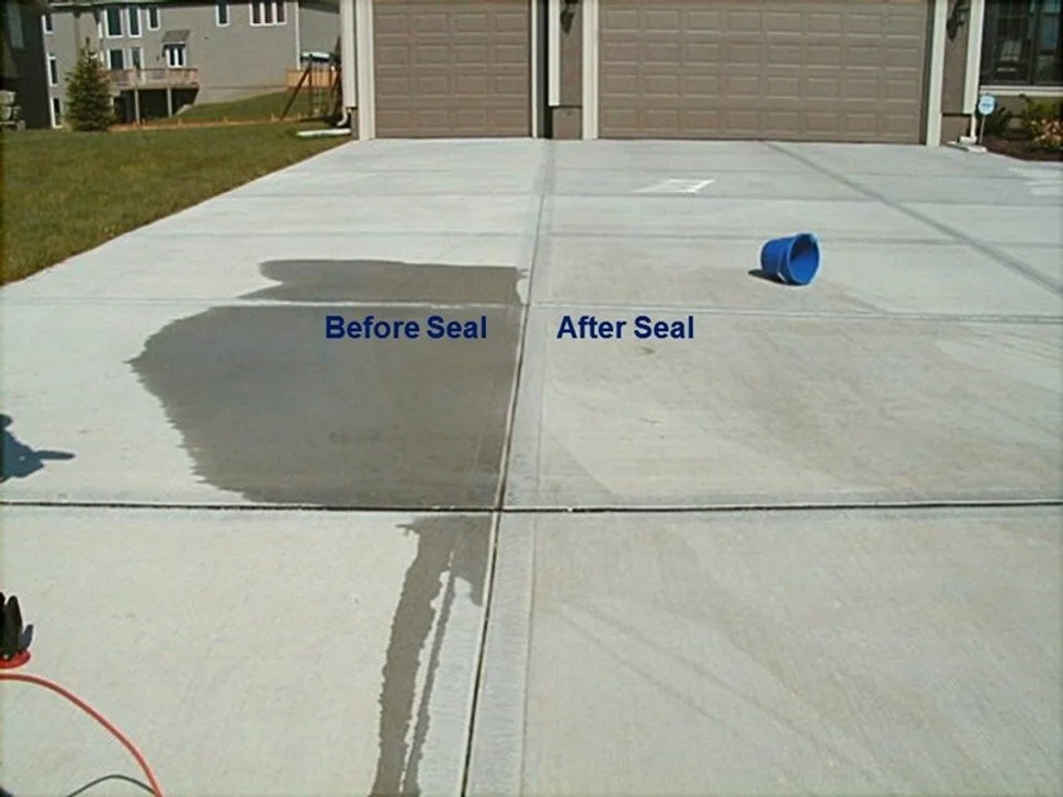 Comparison of concrete driveway before and after sealing, showing a section untreated labeled 'Before Seal' and an iced section labeled 'After Seal,' with a blue bucket on the right side.