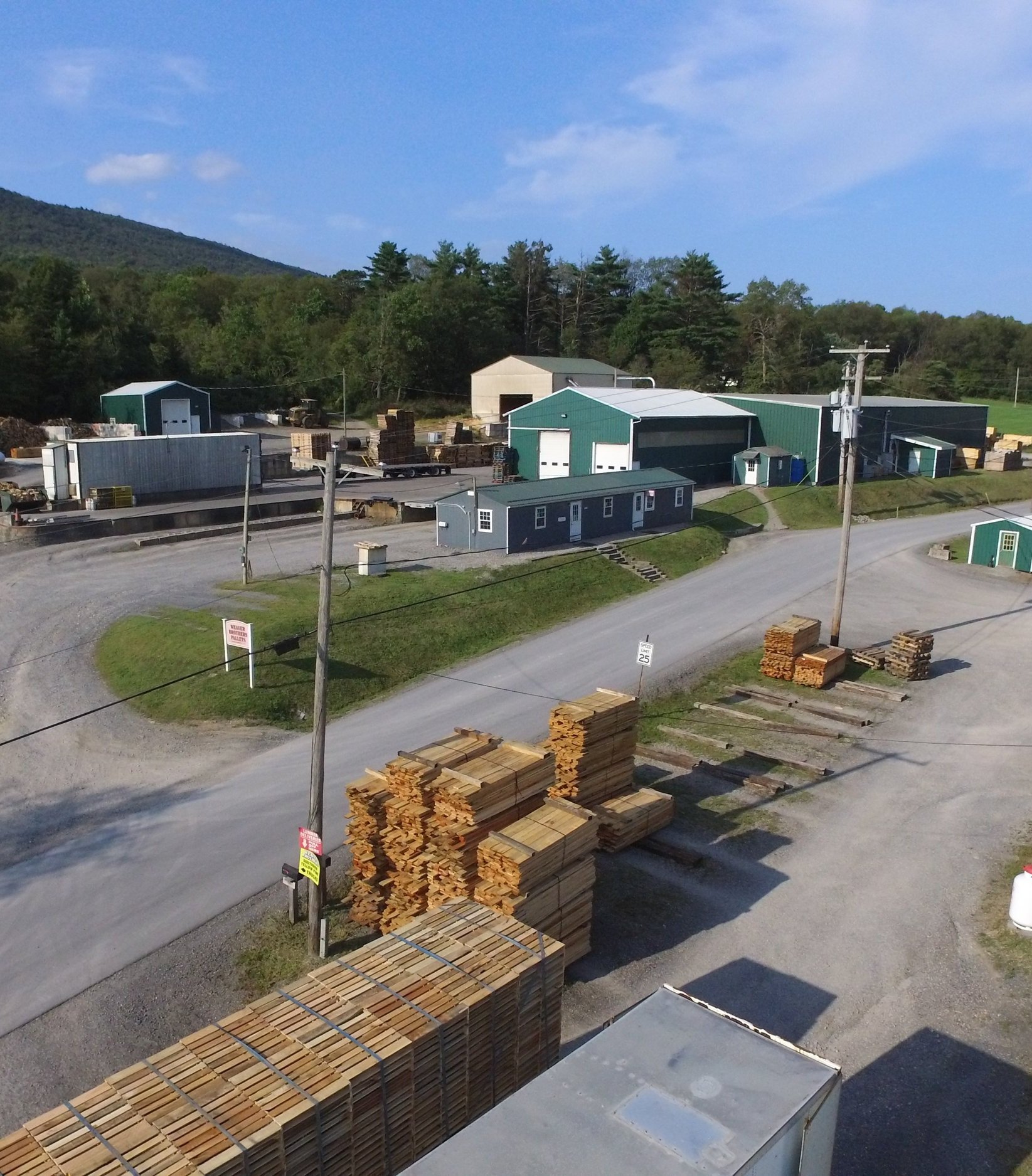 Sky view of wood pallets and pallet shop