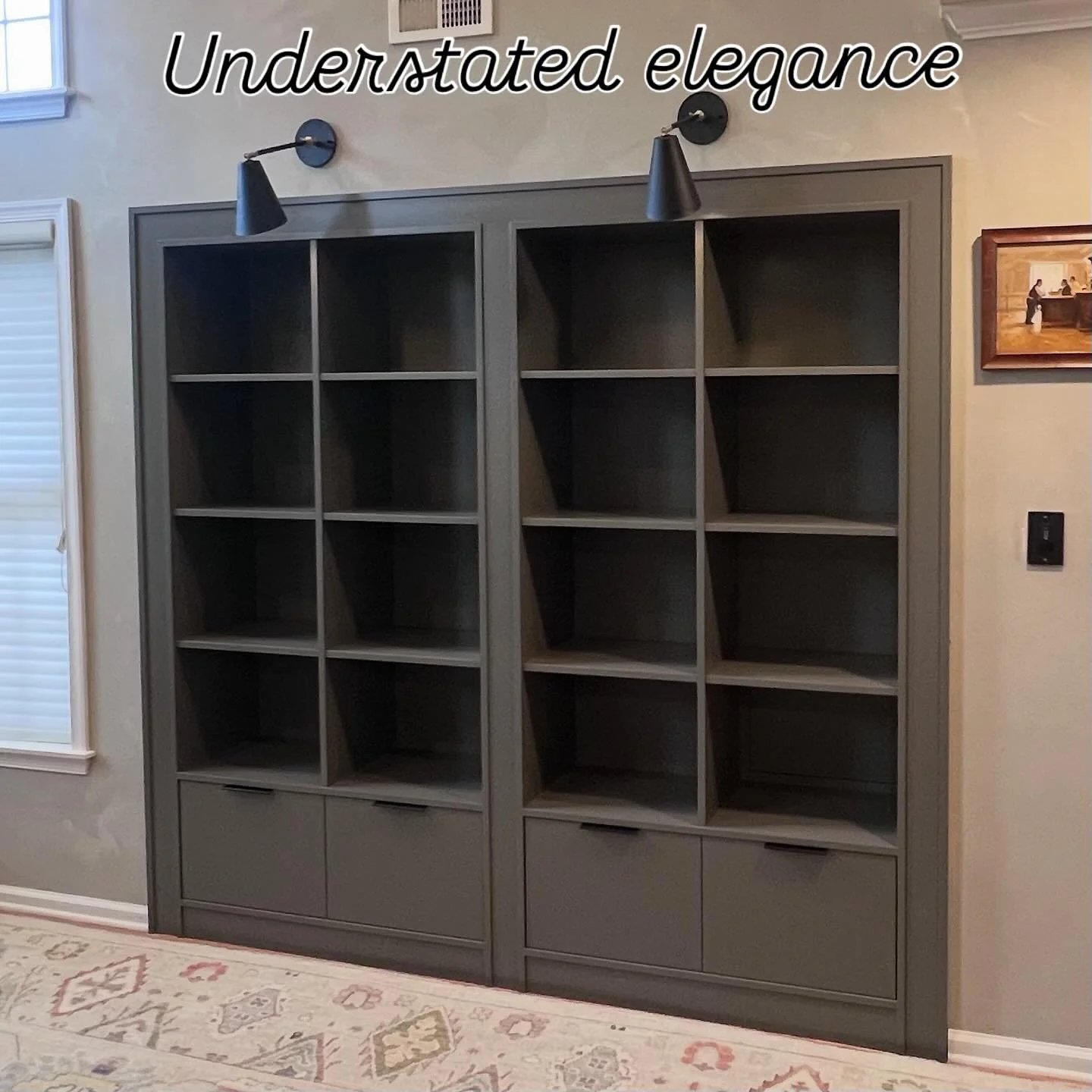 Our latest installation to fill one of those voids in "modern" construction where it looks completely appropriate. We love the details of the framing - understated and perfect! Our own design😊 and we love the color!  #cabinet #cabinetmakin