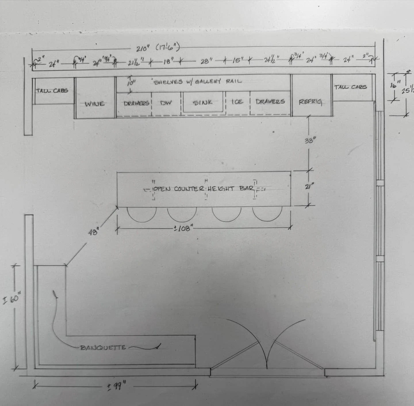 For conceptual drawings, sometimes by hand works best! Someone is getting an exciting bar and lounge room at their home - party ready! What can we dream up for you? #dream #dreammaker #wood #woodworking #woodworker #cabinetry #customcabinets #customm