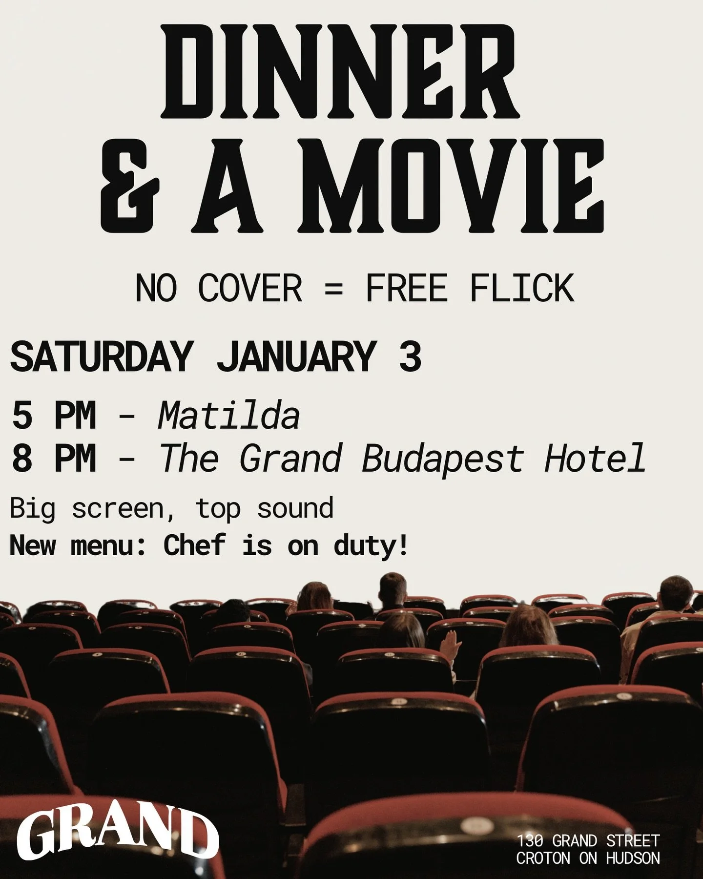 DINNER &amp; A MOVIE THIS SATURDAY 

Take a little break from your post-holiday hibernation to come watch a classic movie on our movie-theatre-quality screen, and try Chef&rsquo;s new menu! 

Bring the kiddos for the 5 PM showing (and our picky-kid-a