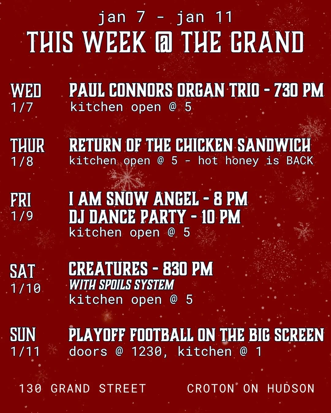 This week @ The Grand 

Wednesday @ 730 - Paul Connors Organ Trio - come early for dinner &amp; to get a good seat! @paulconnorsorgantrio @joeabbadrums @chrisvitarello. $10 cover. 

Thursday - come for dinner &amp; celebrate the return of Chef Nick's