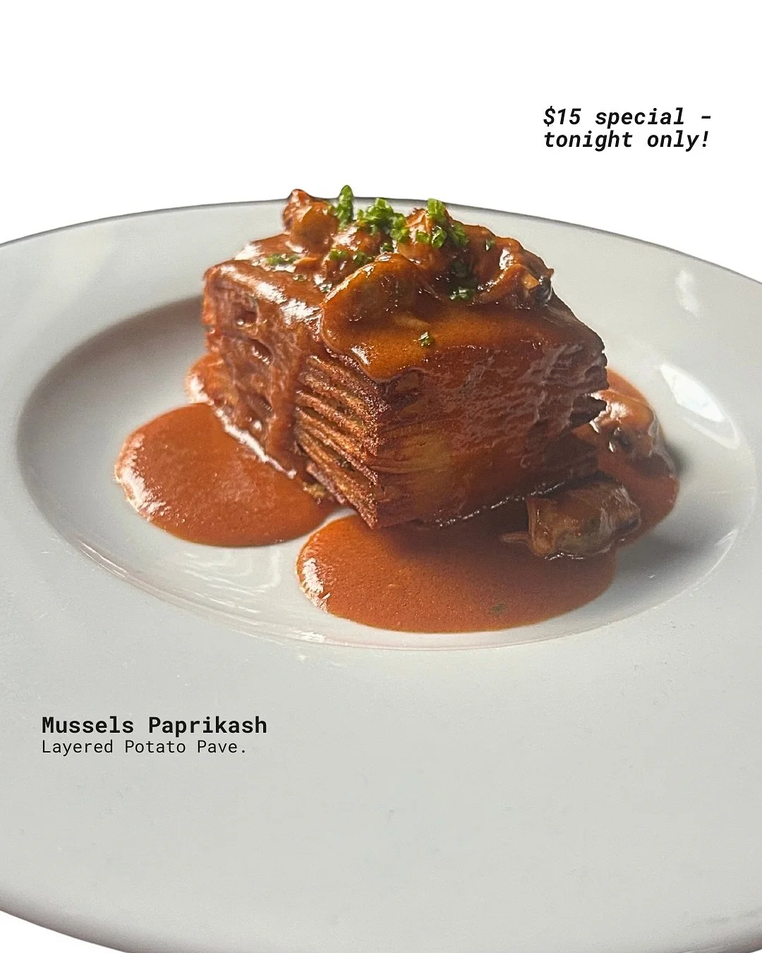 Thursday, January 8 @ The Grand

Come in for one of Chef Nick&rsquo;s fresh, creative, delicious dishes. 

Mussels Paprikash with chef&rsquo;s iconic potato pave is on special for $15 all night. 

Come early for happy hour specials &amp; $2 off drink