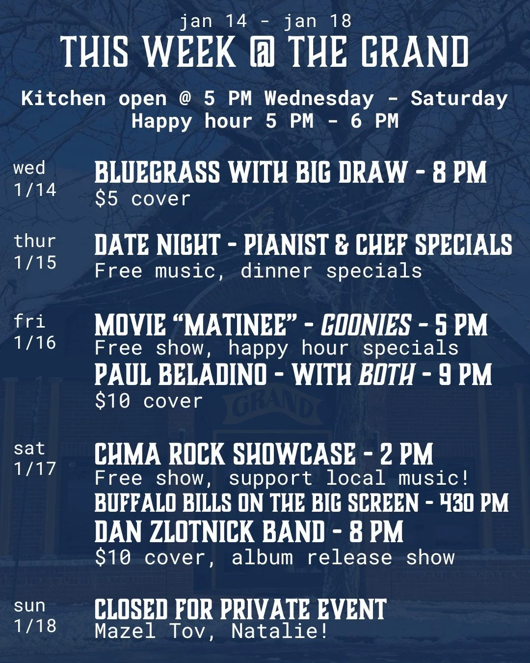 HUGE week ahead.

Wednesday, Big Draw returns with special guests to pluck their way into your hearts with their bluegrass beats. $5 cover. 

Thursday is Date Night. Grab your partner, your bestie, your mom - whoever - come out to try Chef Nick's new