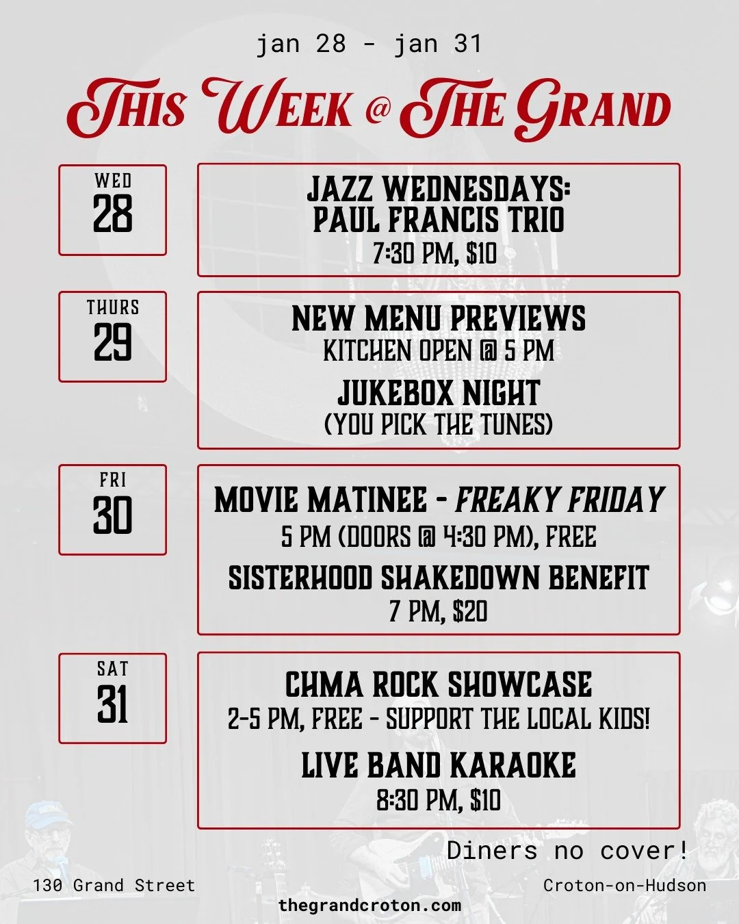 This week @ The Grand 

The snow has passed (for now), and we have a packed week ahead to get you back out of the house! 

Wednesday is for jazz with @paulfrancisdrum trio at 7:30 PM. 

Thursday, try some new specialties from Chef Nick! Plus it's Juk