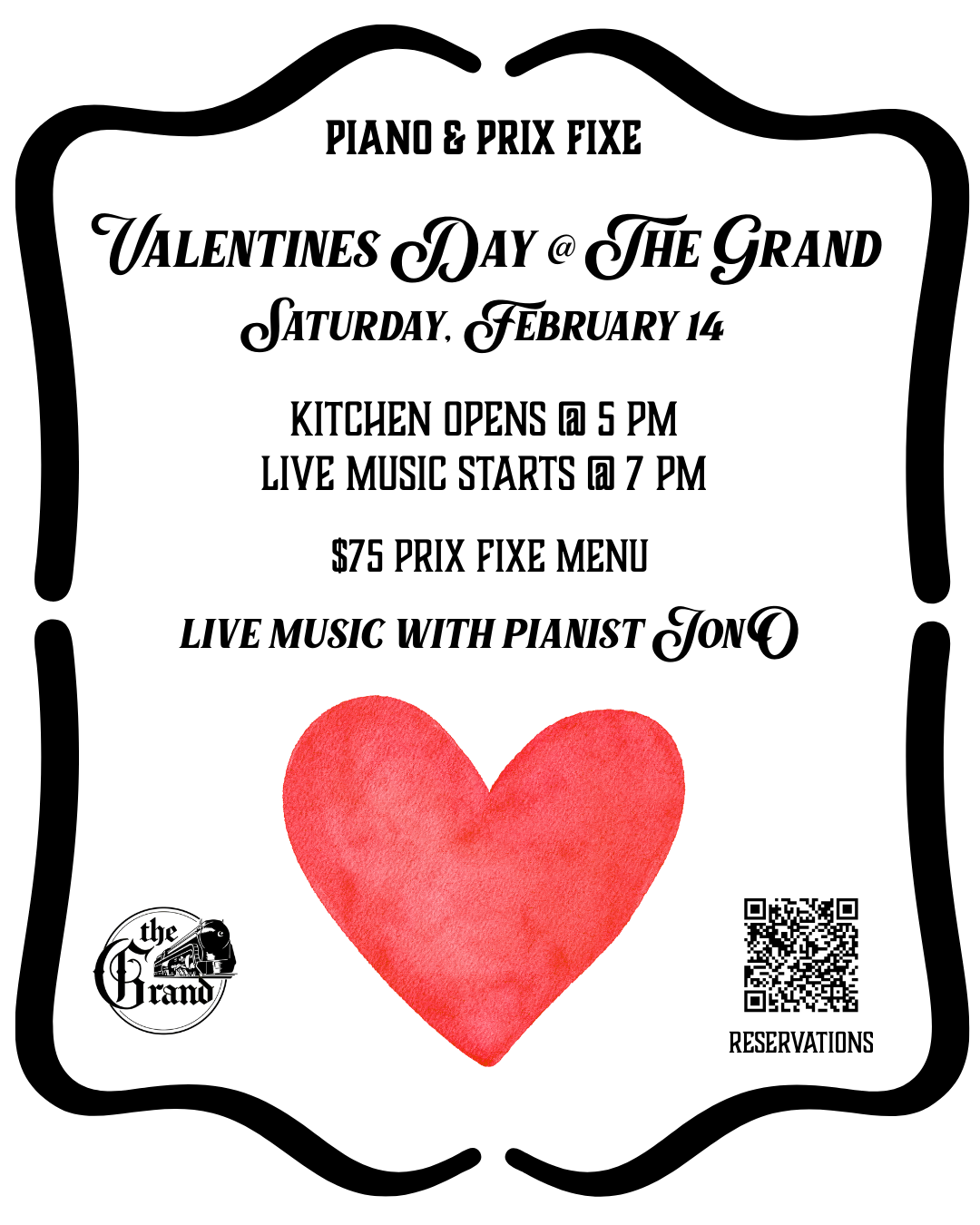Piano &amp; Prix Fixe Valentine's Day @ The Grand