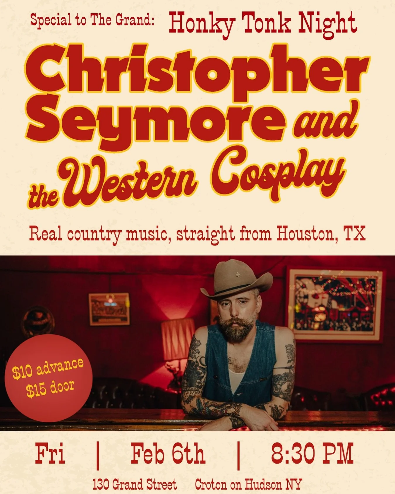 Big show alert! Next Friday, February 6, @christopherseymoreofficial graces our stage with some real honky-tonkin country music! 

Christopher Seymore is a hillbilly poet making down-home honky-tonk music in Houston, TX -  rooted in outlaw tradition 