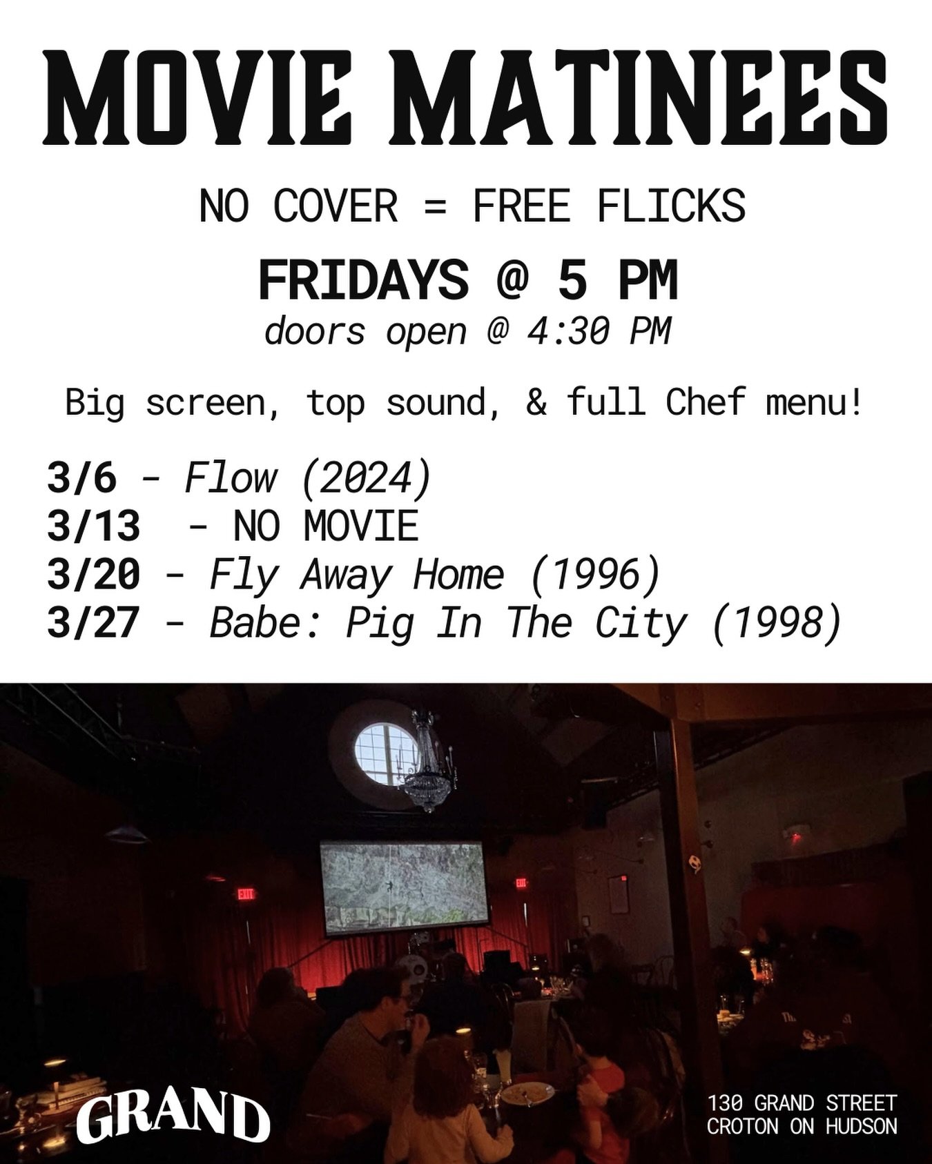 We love seeing you and your families out for dinner &amp; a movie on Fridays! Parents get to try Chef Nick&rsquo;s specialties and have a few drinks, kids get kids meals &amp; the joy of not getting shushed.. it&rsquo;s always a great time!

Drop you