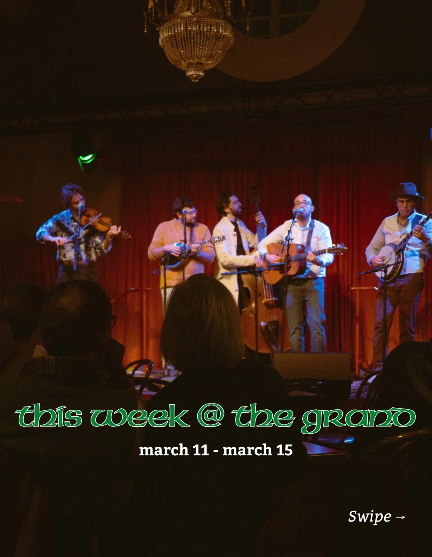 This week at The Grand, some of the best musicians around, special menu items, and parties not to be missed! 

Wednesday: bluegrass night with Big Draw 🪕 

Thursday: Peter Calo makes his Grand debut!

Friday: a late night show to kickoff St Pattys S