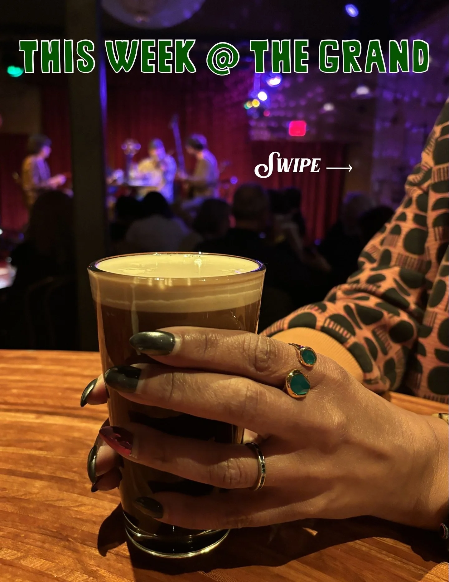 What&rsquo;s going on this week at The Grand: 

TODAY, Tuesday: St. Patrick&rsquo;s Festivities - special menu, Irish music jukebox, and a movie screening of The Quiet Man. 

Wednesday, legendary saxophonist Nir Naaman with a jazz quartet.

Thursday,